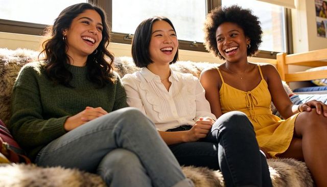 Laughing friends on dorm sofa enjoying sunlit cozy lounge, casual college roommates bonding