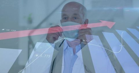 Senior doctor adjusting surgical mask with healthcare data overlay and rising chart line