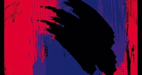 Abstract Brush Strokes in Bold Blue and Black on Red