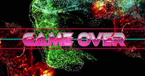 Digital game over display with colorful glowing waves