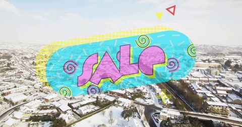 Colorful Vibrant Sale Overlay on Snowy Urban Suburb