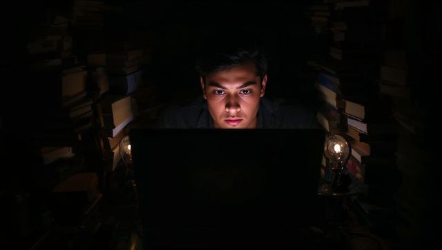 Young man studying late on laptop in dim book-lined nook with vintage filament lamps