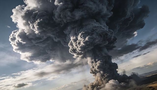 Erupting volcanic ash column forming towering mushroom cloud over barren volcanic plain