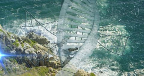 Translucent dna double helix overlaying rugged coastal cliffs and turquoise ocean waves