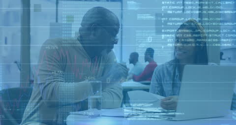 Diverse Team Analyzing Financial Data with Technology Graphics Overlay