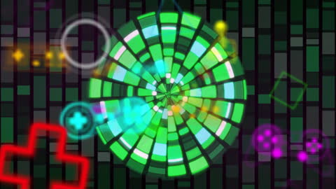 Retro Neon Game Icons Spinning on Geometric Background