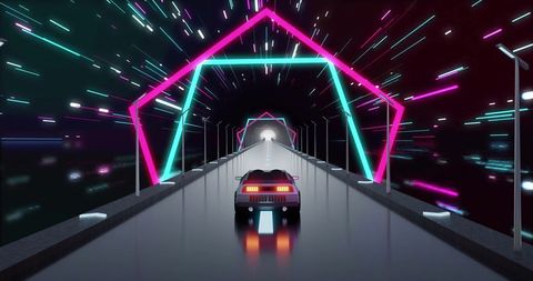 Futuristic Neon Road with Retro Car in Digital Space