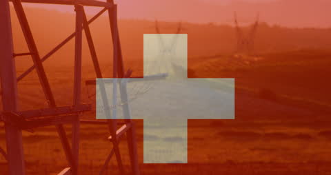 Swiss Flag Animation Overlaying Power Lines at Sunset
