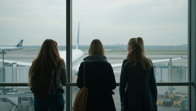 Three women waiting at airport gate overlooking airplane on runway through terminal window travel