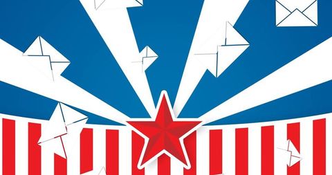 Patriotic red star emblem with paperplane envelopes, sunburst rays and striped banner