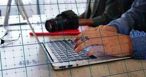Hands Typing on Laptop with Digital Data Overlay for Remote Creator, Photography Workflow