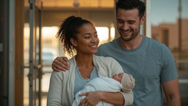 Happy parents embracing newborn in warm sunlit entrance