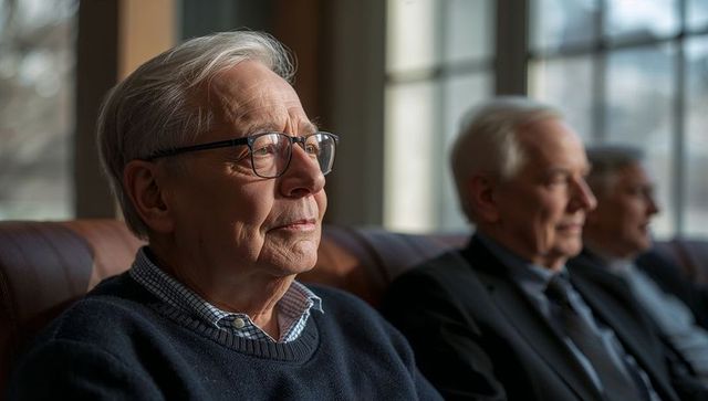 Thoughtful senior man gazing through multi-pane window on leather sofa in soft daylight