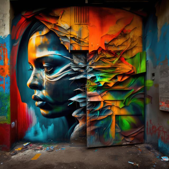 Wall covered in graffiti with african american woman portrait created using generative ai technology. Graffiti, urban art and colour concept digitally generated image.
