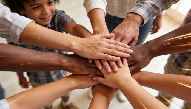 Multiracial Family Joining Hands in Circle Showing Unity, Teamwork, Diversity, Support