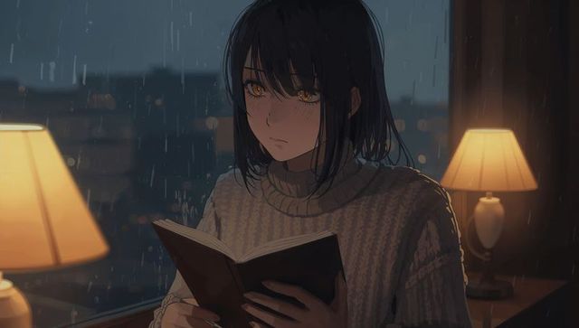 Teenage Girl Reading by Rainy Evening Window, Cozy Ambiance