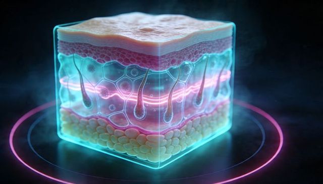 Glowing translucent skin cube showcasing neon dermis epidermis hair follicles 3d model
