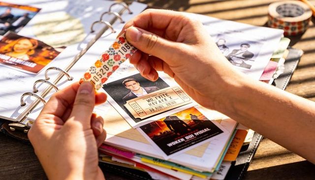 Hands decorating planner with floral washi tape and vintage tickets on sunny deck