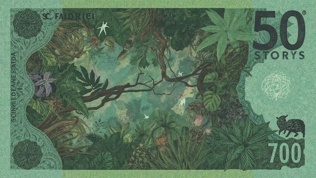 Vibrant tropical canopy banknote design with wildlife
