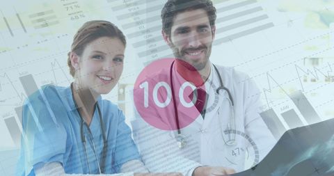 Caucasian Doctors Analyzing Infographic Health Reports Virtually