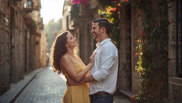 Couple Embracing on Sunlit Cobblestone Alley at Golden Hour, Romantic Urban Moment