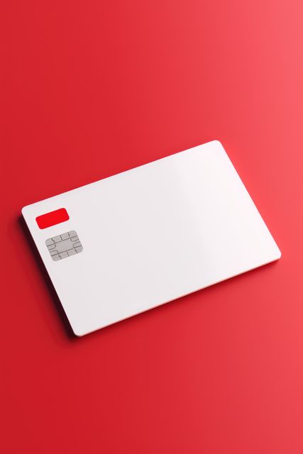 Blank white credit card with microchip on red, copy space, created using generative ai technology. Emv chip, banking, spending, technology and finance mock up concept digitally generated image.