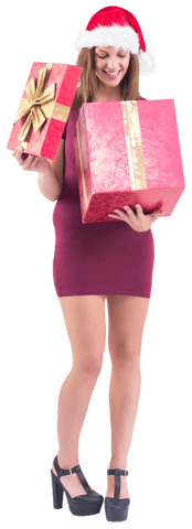 Smiling Woman in Santa Hat Holding Gift Boxes with Transparent Background