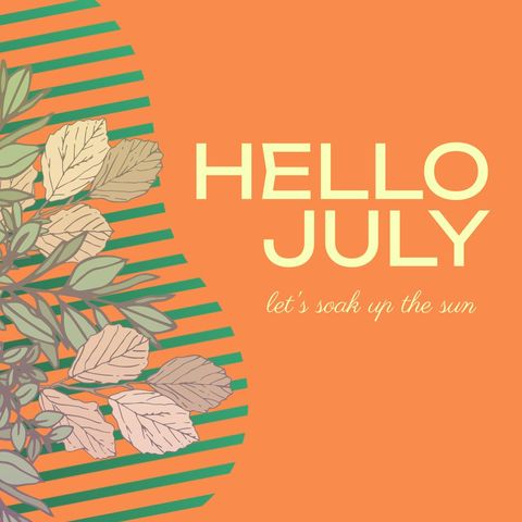 Colorful july greeting with leaves on bold orange background