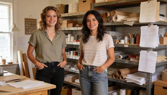Two female makers collaborating in sunlit craft studio with shelves of packaging supplies