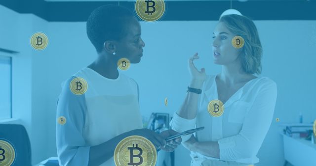 Two women engaged in conversation about cryptocurrency, with Bitcoin icons floating around. Useful for illustrating topics such as cryptocurrency discussions, business meetings, fintech, technology integration in finance, and digital currency concepts.