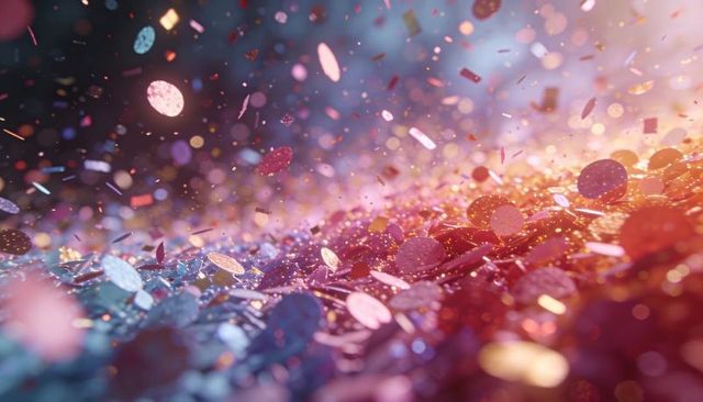 Shimmering metallic confetti floating over iridescent bokeh with glitter sparkle for party