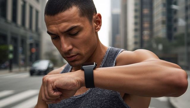 Urban runner checking smartwatch on crosswalk monitoring heart rate during city workout