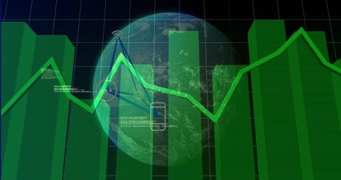 Global financial dashboard showing green 3D bar chart and neon line graph over Earth