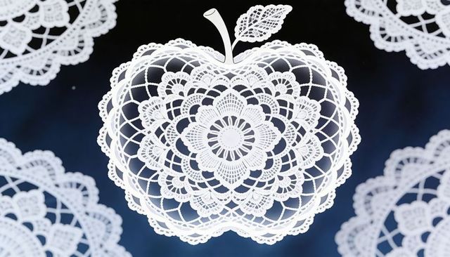 Intricate lace apple doily with crochet mandala pattern and stem leaf on dark gradient