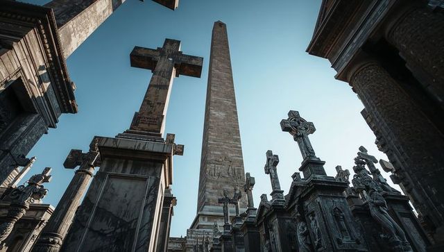 Towering obelisk rising above weathered latin and celtic crosses in historic graveyard