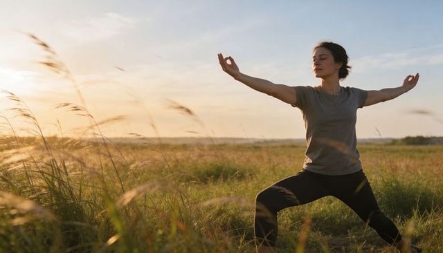 Woman practicing yoga warrior pose in meadow at golden hour, embracing calm