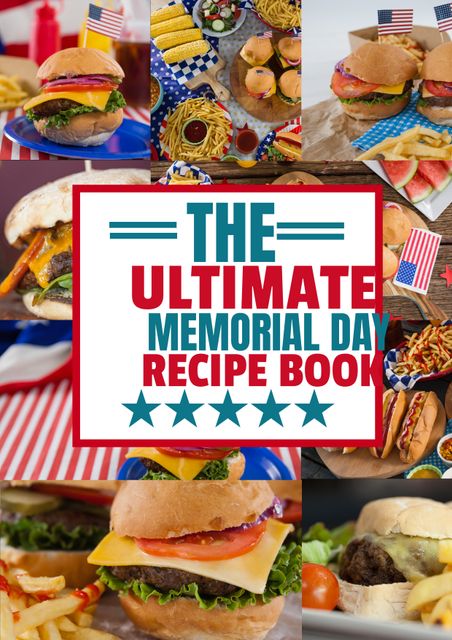 Ideal for promoting Memorial Day and Fourth of July celebrations. Showcase diverse family-friendly American recipes like hamburgers and hot dogs. Perfect for holiday recipe books, menu designs, festive event invitations, or related social media campaigns.