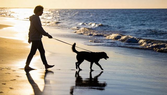 Silhouetted person walking dog along reflective shoreline at golden hour sunset