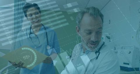 Medical team reviewing patient charts with data dashboard overlay clinical collaboration