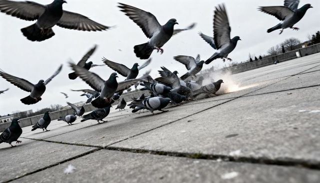 Pigeons taking off from urban plaza scattering dust and feathers in dramatic motion