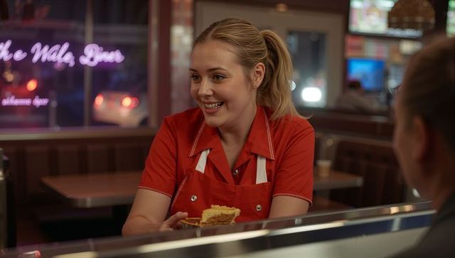 Smiling diner server serving slice of pie at retro counter with neon sign
