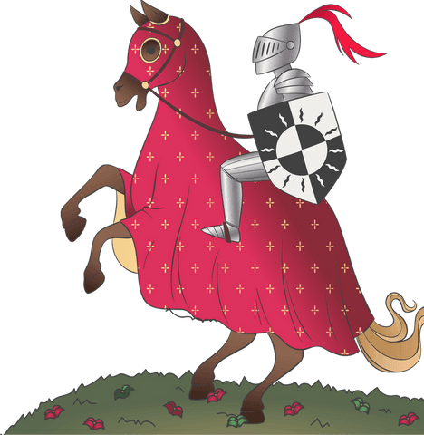 Medieval knight on rearing warhorse with red caparison transparent