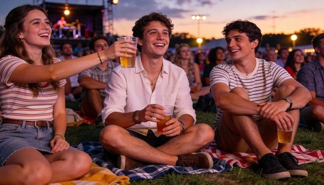 Friends enjoying outdoor sunset concert on picnic blankets, holding beers and laughing