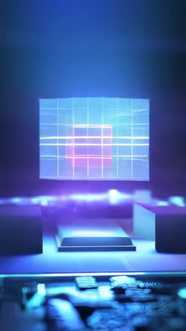 Holographic Grid Core Ejecting Cyan Cube Over PCB Vertical Neon Wireframe Tech Clip