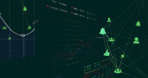Data network overlaid on analytics and finance visualization