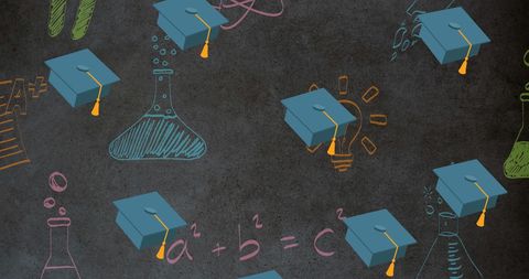 Graduation Caps and Educational Symbols on Chalkboard
