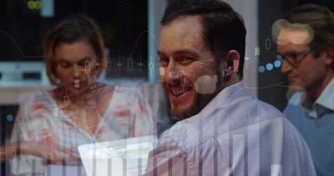 Diverse Team Discussing Financial Data Analytics at Night Office