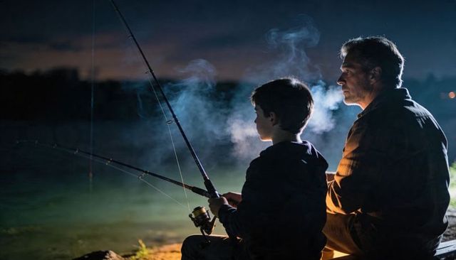 Father and son fishing on lakeshore with lantern light portraying quiet evening bonding