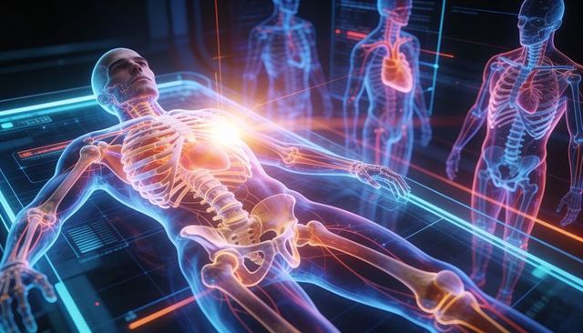 Projecting holographic human anatomy on exam table highlighting heart and skeleton