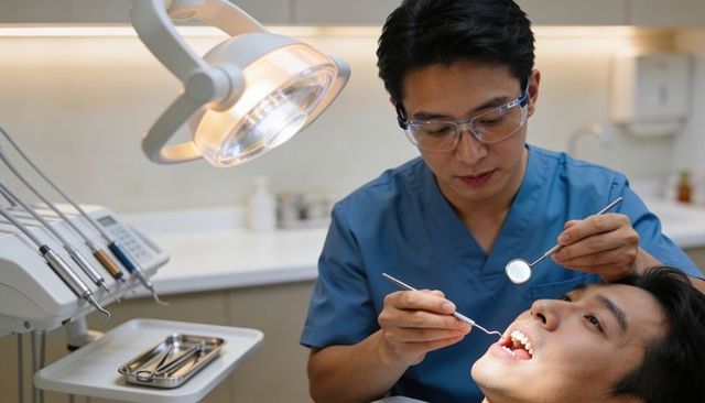 Dentist in blue scrubs examining patient with mirror and probe under bright dental lamp